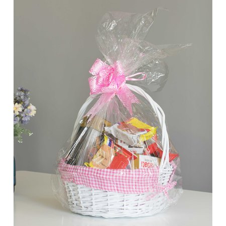 Vintiquewise White Round Willow Gift Basket, with Pink and White Gingham Liner and Handles, Large QI004550PK.L